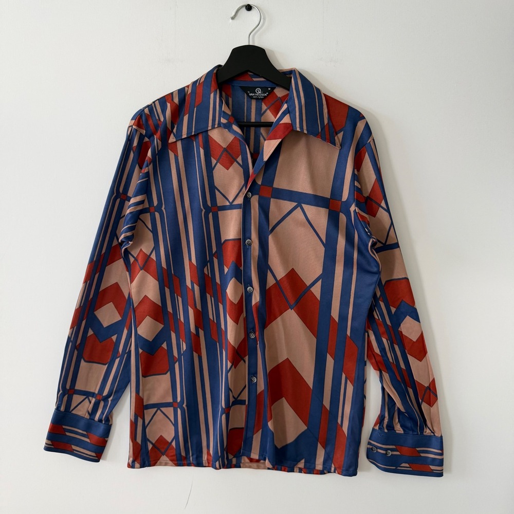 Vintage Van Heusen Van Q Mens 70s Geometric Disco Shirt Blue Red Nylon Medium